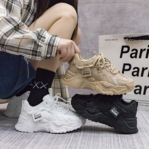 Sports shoes for women dad shoes for women  spring new style leather ins trendy versatile black thick-soled shoes