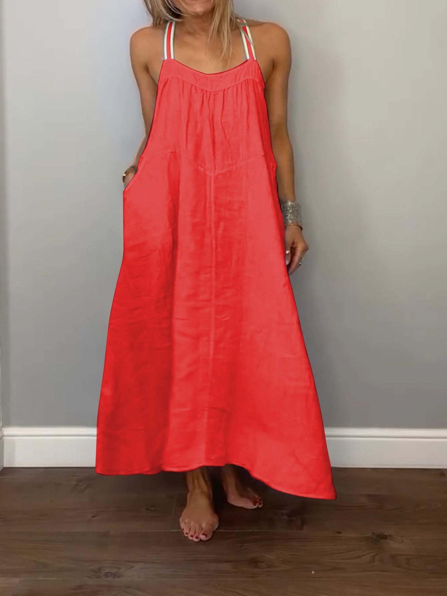 280g Weight Maxi Long Dress Dress Length Type Sleeveless Sleeve Length Strap Dress Dresses Type Cotton and Linen Fabric Type Mid Waist Waist Line Daily Occasion Strap Neckline Loose Fit Type Solid Color Pattern Summer Season Women's Gender Pocket Design Casual Style Wholesale Women's Casual Pocket Solid Color Daily Strap Sleeveless Strap Dress 12