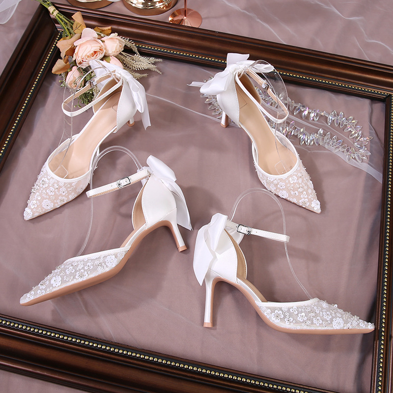 Huidong County 2026 Satin High-Heeled Shoes for Women, Thin Heel, Pointed Toe, Bowknot, Hollow Design, Banquet Sequin Wedding Shoes