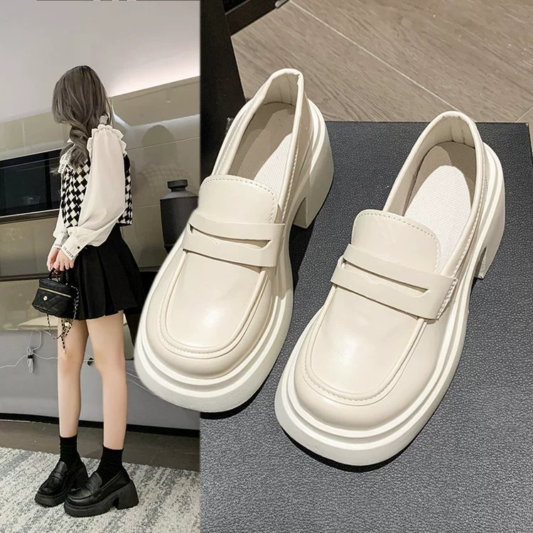 Мокасины на толстом каблуке во французском стиле, женские новинки весны 2023, белые однослойные туфли в британском стиле, маленькие кожаные туфли на высоком каблуке и толстой подошве