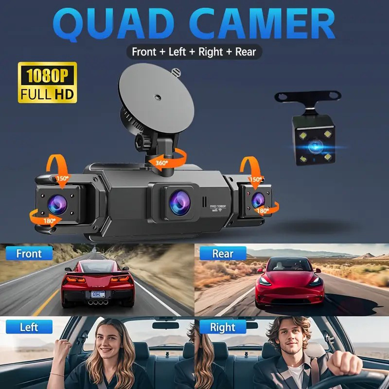 360 ° Cross-border four-camera high-definition dashcam with infrared night vision, supports mobile phone connectivity and 24-hour parking monitoring