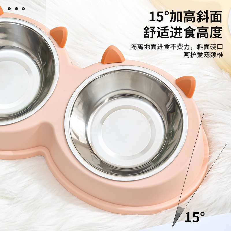 Nuevo tazón para mascotas de acero inoxidable con orejas de gato, tazón doble, anti-volcado, lavabo para perros, perros y gatos, agua potable universal para gatos, tazón para gatos
