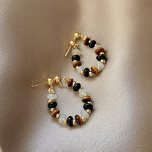 s925银针虎眼石黑玛瑙间隔耳环女气质网红复古白玉耳钉冷淡风耳饰