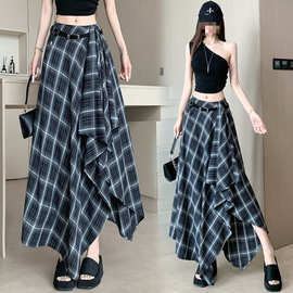 K4H设计感不规则格纹半身裙女夏季中长款高腰显瘦气质A字裙洋气裙