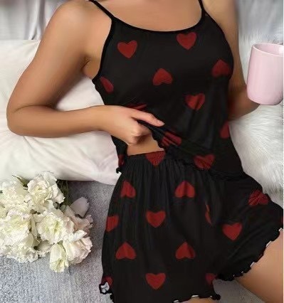 蝴蝶印花睡衣套装吊带背心弹性腰带短裤女士睡衣和家居黑色蓝色|undefined
