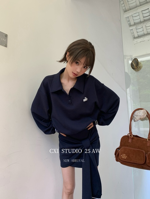 CXI 柏林少女polo领上衣半身裙两件套针织套装休闲宽松卫衣短裙|undefined