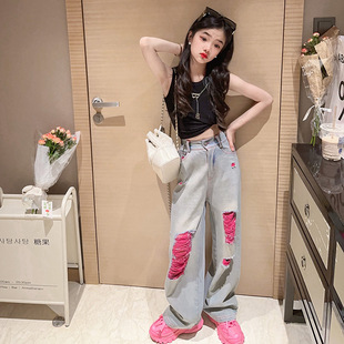 Girls' 2024 Summer New Pink Ripped Jeans, Thin Loose Straight-Leg American Style Wide-Leg Pants, Trendy Style