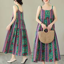现货实拍2025新款宽松大码棉麻连衣长裙胖印花吊带裙女