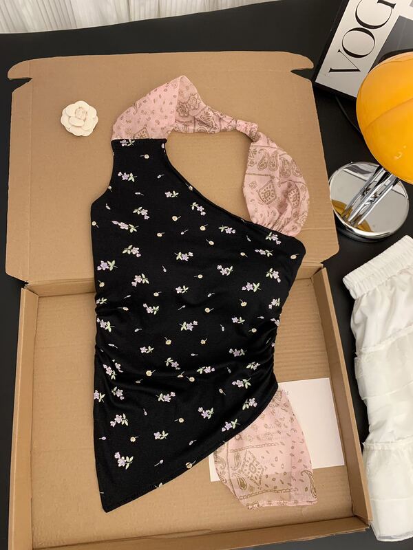 法式露背碎花吊带背心女夏季外穿2025新款设计感小众无袖挂脖上衣|undefined