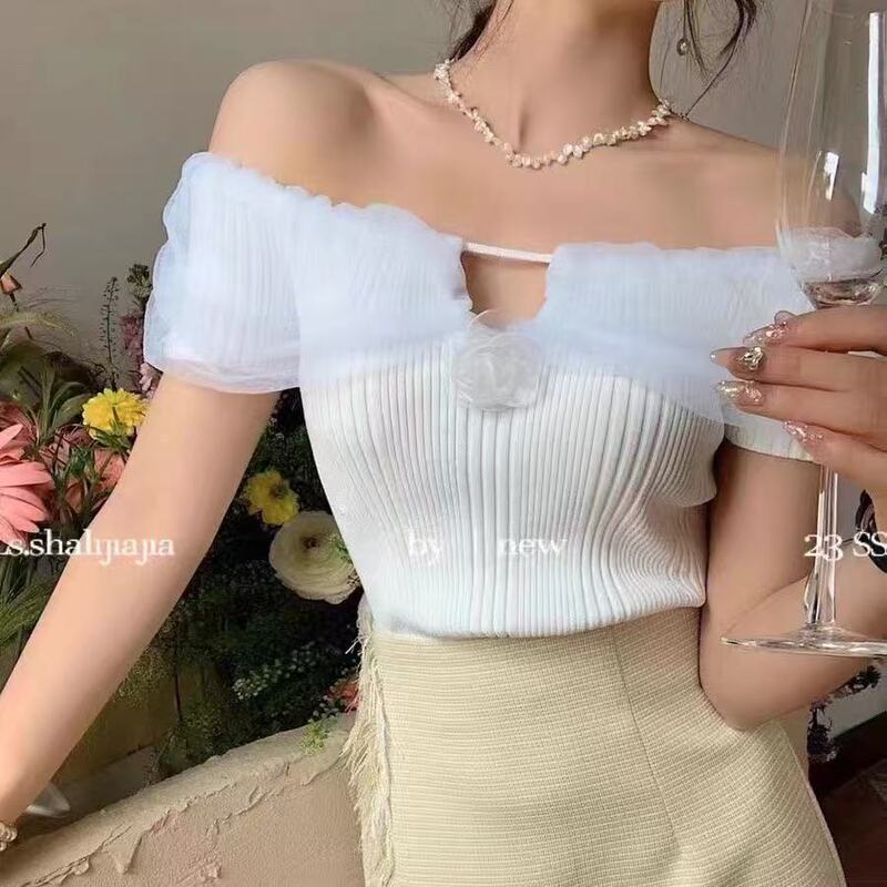 French Sweet and Spicy Pure Desire Small Shirt Mesh Splicing One-Shoulder Sweater Summer Women's Niche Slim Outer Top for Women French Sweet and Spicy Pure Desire Small Shirt Mesh Splicing One-Shoulder Sweater Summer Women's Niche Slim Outer Top for Women