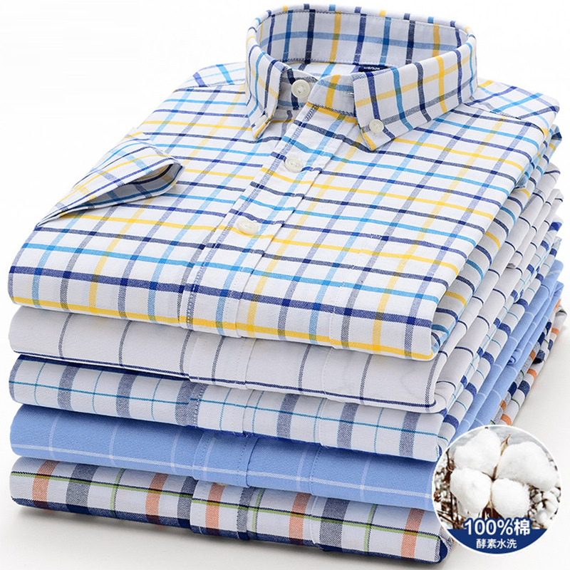 100 cotton men's plaid short sleeve shirt young and middle-aged casual cotton oxford plus size half sleeve shirt wholesale