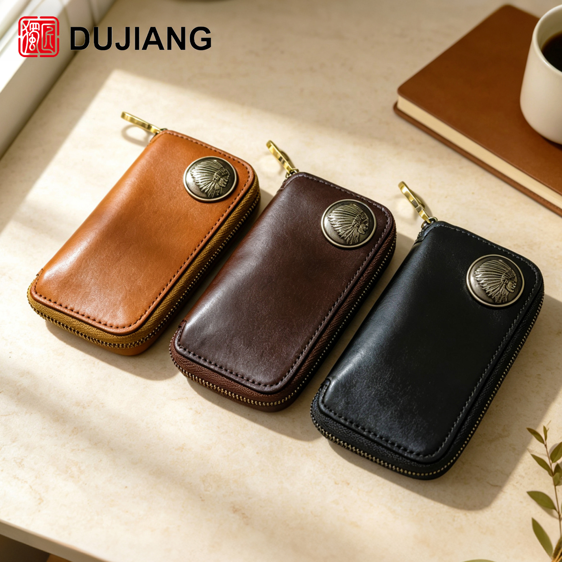 First-Layer Vegetable-Tanned Leather Key Pouch, Handmade Vintage-Style Zipper Coin Purse, Portable Multifunctional Small Hanging Bag