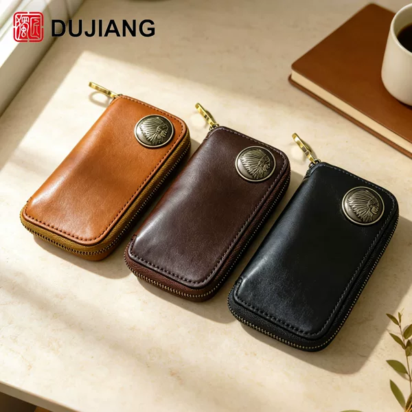 First-Layer Vegetable-Tanned Leather Key Pouch, Handmade Vintage-Style Zipper Coin Purse, Portable Multifunctional Small Hanging Bag