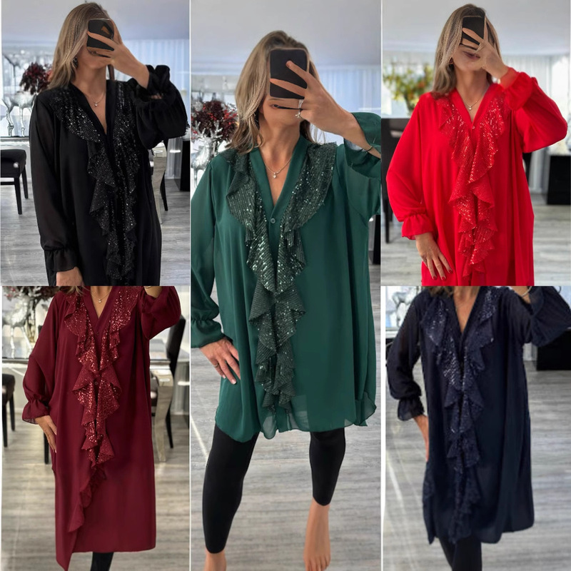 2024 AliExpress Amazon Independent Station Europe and the United States New V-neck Chiffon Long Sleeve Long Shirt Splicing Sequin Women 2024 AliExpress Amazon Independent Station Europe and the United States New V-neck Chiffon Long Sleeve Long Shirt Splicing Sequin Women