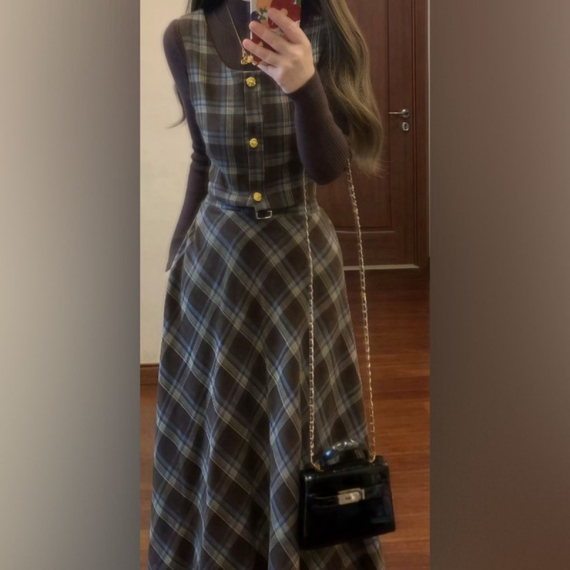 秋冬法式复古针织衫打底毛衣毛呢格子马甲格纹高腰半身裙三件套女|undefined