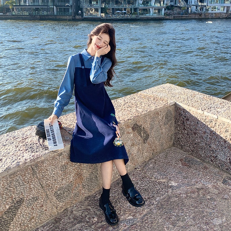 Fake Two-Piece Embroidered Patchwork Dress for Women, 2026 Spring New Style, High-End Elegant Slim-Fit A-Line Dress with Straps, Trendy Fake Two-Piece Embroidered Patchwork Dress for Women, 2026 Spring New Style, High-End Elegant Slim-Fit A-Line Dress with Straps, Trendy