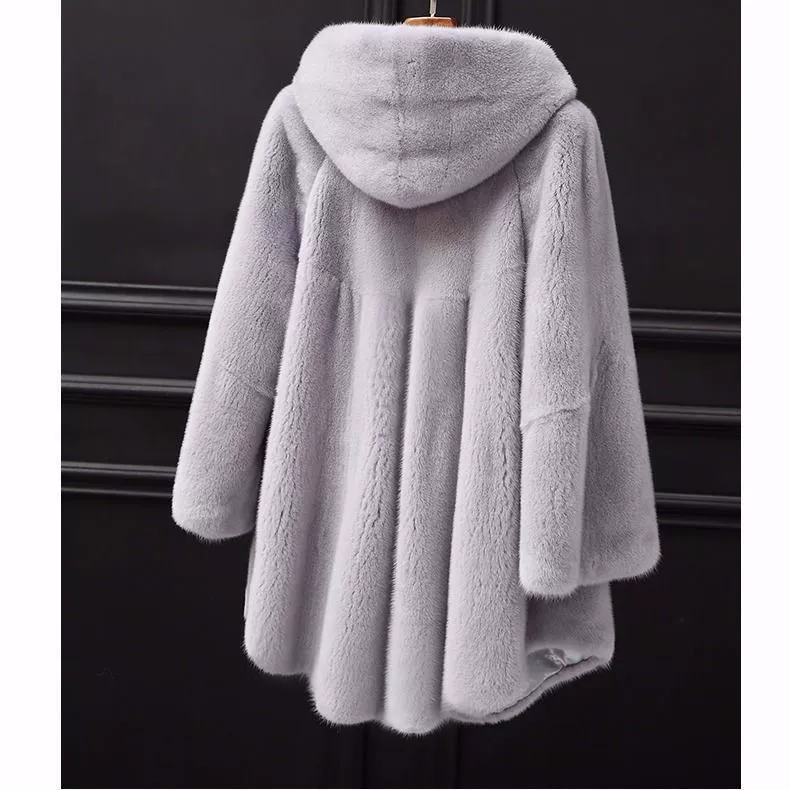2025 New Women's Imitation Mink Fur Coat, Mid-Length, Hooded, Waist-Closed, in Black, Rice, Beige