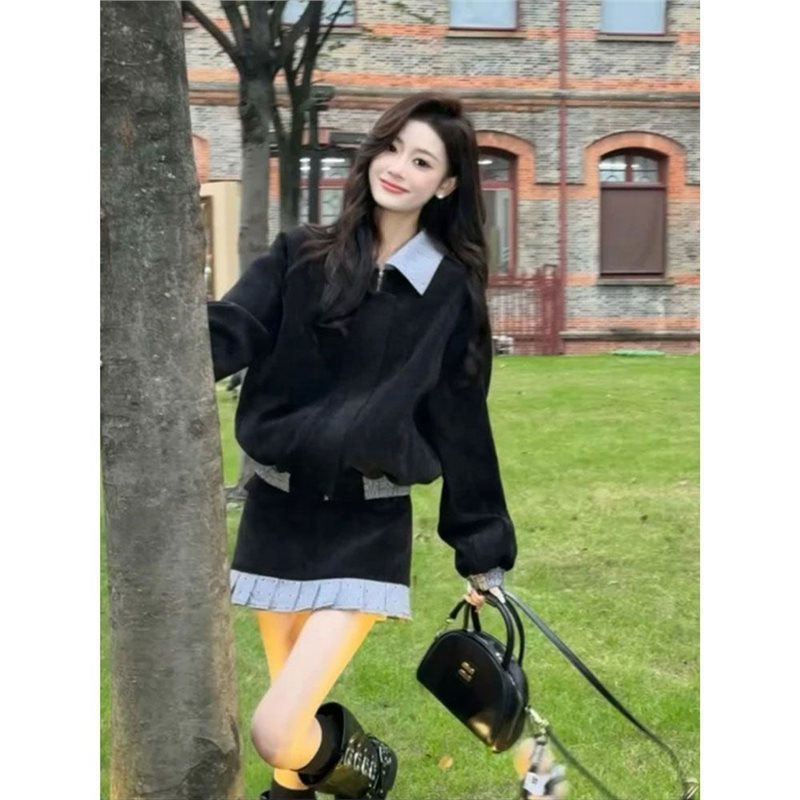 小香风时尚套装裙女冬季高级感撞色翻领短款外套百褶半身裙两件套|undefined