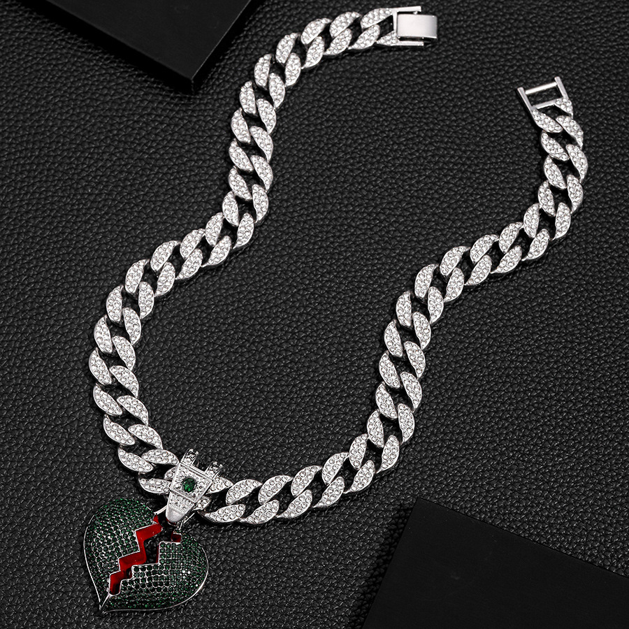 Street hip-hop style, personalized dark green split heart pendant, 15mm watch buckle, Cuban necklace_voghion.com