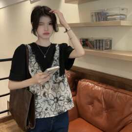 实拍夏季宽松短袖设计感小众衬衣上衣假两件娃娃减龄衬衫女