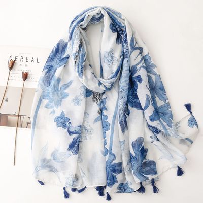 Chinese style vintage blue and white porcelain chinese dress qipao shawl cotton linen hand feel scarf  blue ink painting floral woman
