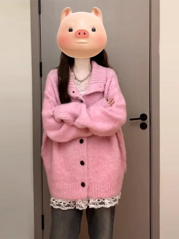 慵懒风甜美女翻领针织开衫粉色毛衣女新款初秋季韩系休闲宽松上衣|undefined