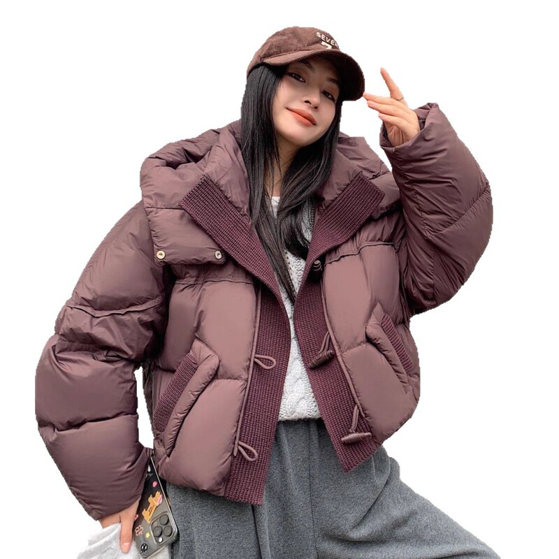 韩版时尚短款加厚白鸭绒面包服女2025新款针织拼接保暖羽绒服外套|undefined
