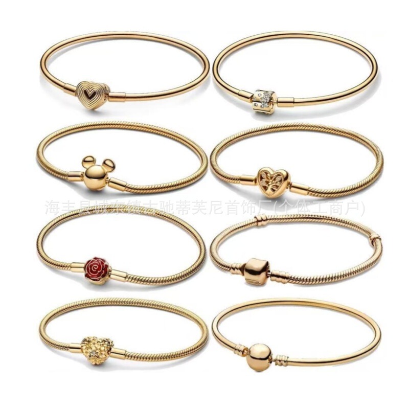 Pandora Cross-Border Best-Selling S925 Silver Snake Bone Chain Gold-Colored Basic Bracelet Mickey Love Daisy Bracelet Pandora Cross-Border Best-Selling S925 Silver Snake Bone Chain Gold-Colored Basic Bracelet Mickey Love Daisy Bracelet