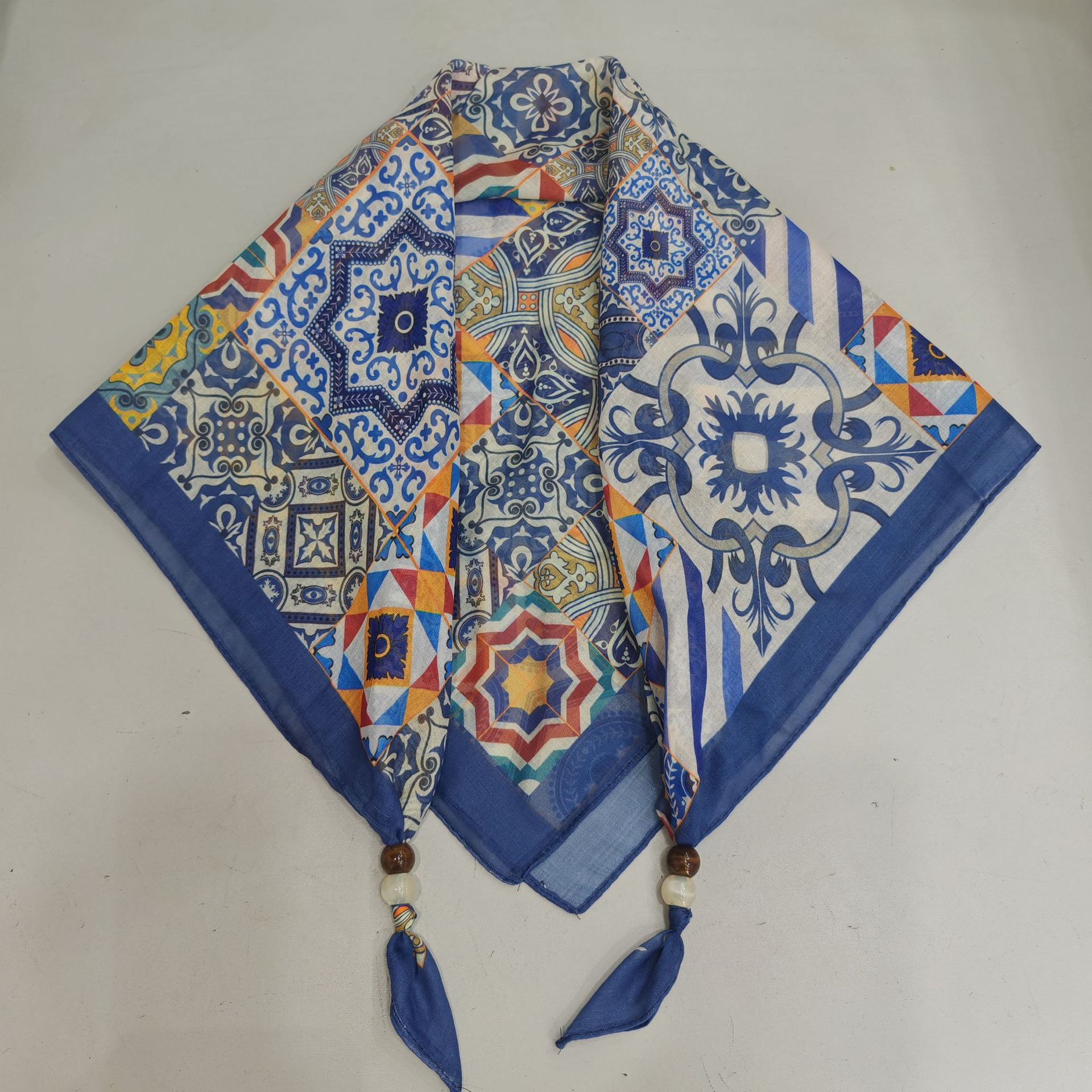 2025 새로운 작은 사각형 스카프 마름모 블루 다목적 게으른 실크 스카프 구슬 중국 스타일 실크 스카프