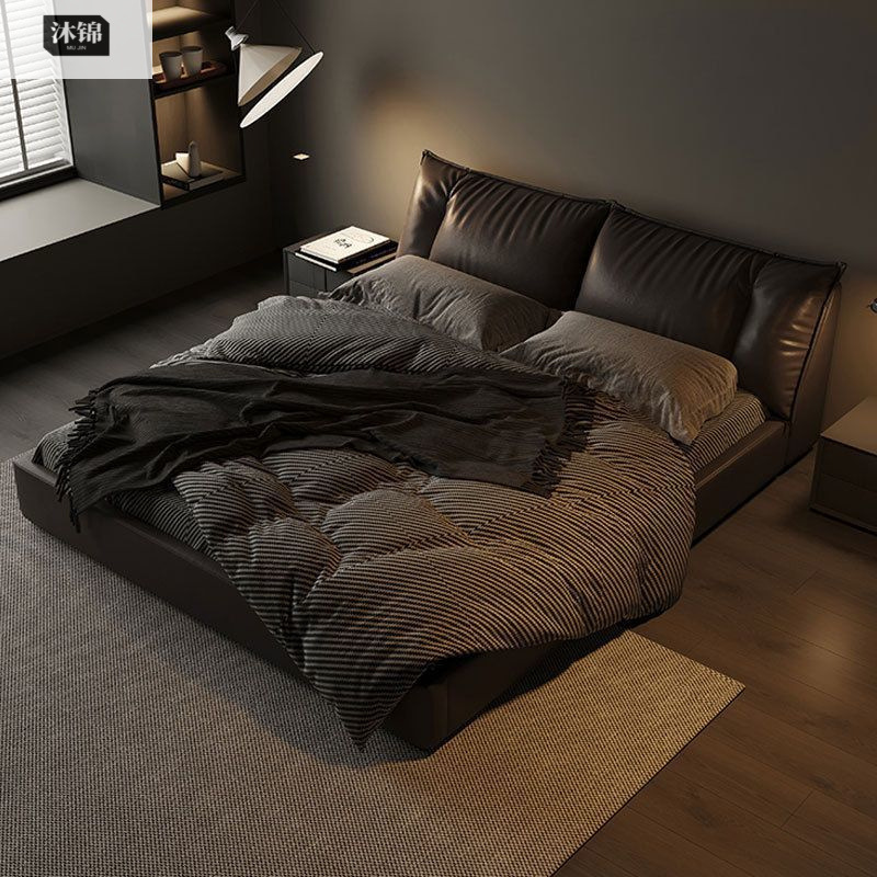 Italian Minimalist 1.8m Genuine Leather Bed Modern Simple Double Bed Master Bedroom Upholstered Bed Internet Celebrity Storage Home Wedding Bed