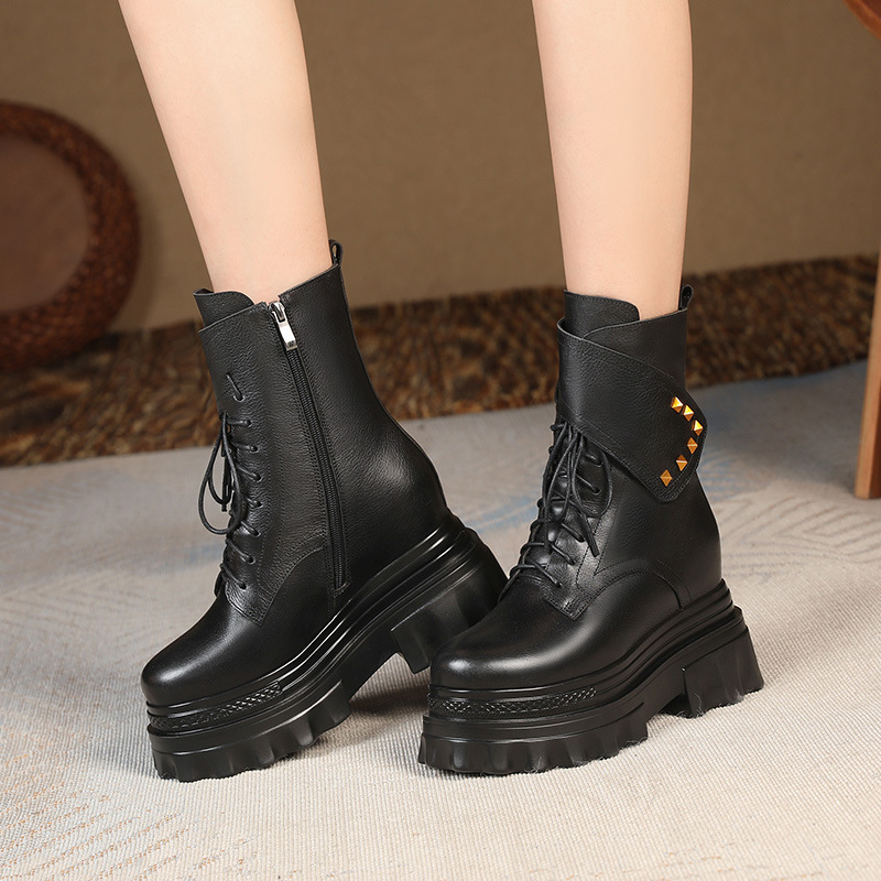 Boot Martin đinh tán cổ cao đế dày độn bên trong gót 10 cm — Màu đen lót nhung