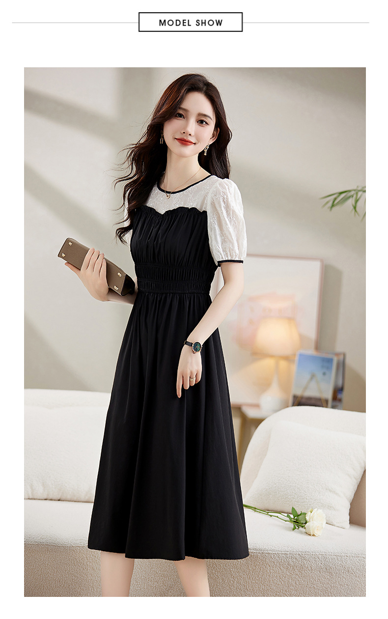 Váy chữ A tay phồng eo thon ren ghép giả hai mảnh Z8838 — Màu đen, Màu caramel chi tiết 18