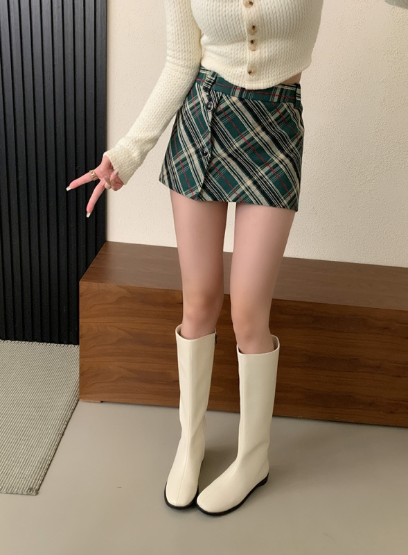 复古卡其色长筒靴女鞋2025秋冬新款不过膝圆头平底绒面高筒长靴女|undefined
