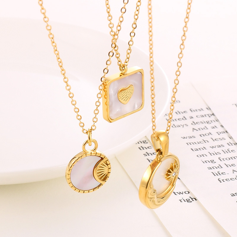 18K Gold Plated Plating Material PVD Coated 18K Gold Plated Sun Moon Heart Shape 304 Stainless Steel Shell Sweet Waterproof Non Tarnish Pendant Necklace