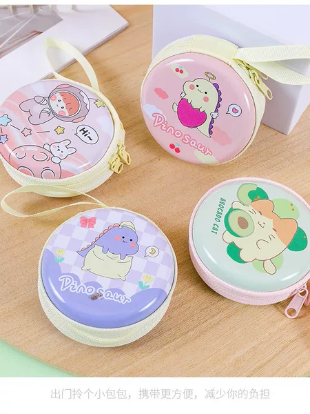 Creative New tinplate cartoon coin purse round earphone cable key storage box children student gift bag