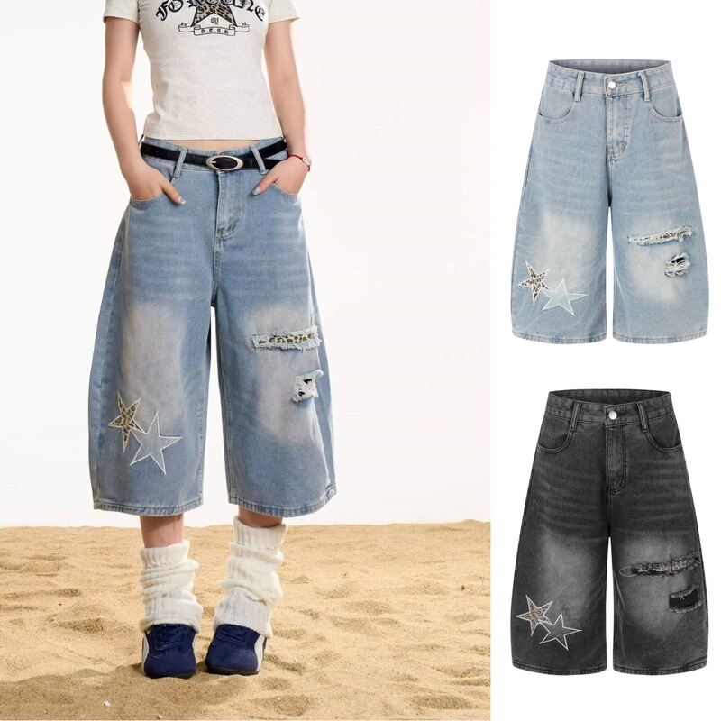 American-Style Star-Patterned Ripped Washed Denim Casual Cropped Pants, Trendy Brand Couple's Straight-Leg Pants