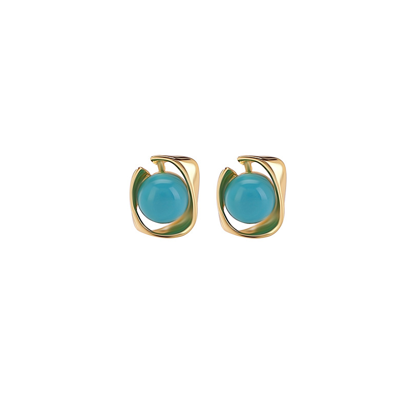 Khuyên tai bạc S925 mạ vàng đính đá turquoise hình học cá tính — Cặp đôi