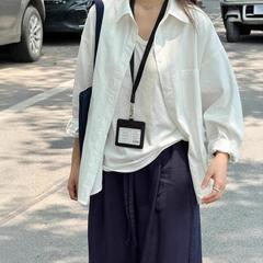 白色纯棉衬衫女夏季防晒外搭薄款开衫宽松长袖POLO领上衣秋季衬衣