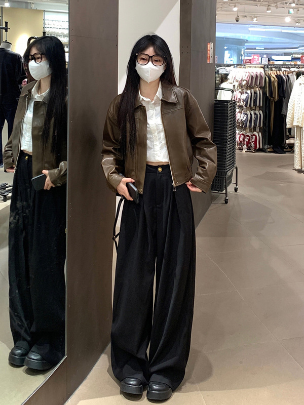 美式棕色皮衣外套女短款春秋新款小个子港风复古休闲机车服皮夹克|undefined