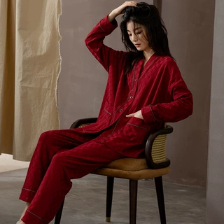 睡衣女士春秋款秋季纯棉长袖秋冬款家居服本命年结婚新娘红色兔年