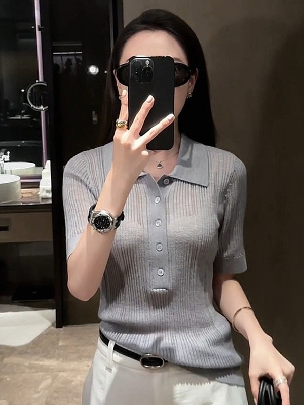 韓国シックな高級グレーポロカラー半袖Tシャツレディース夏通勤年齢軽減ライトトップ|undefined