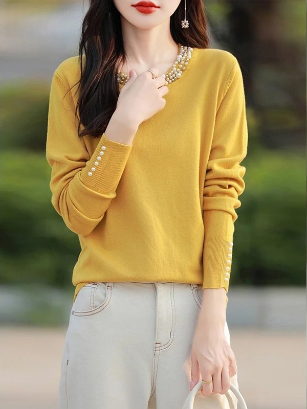 Demi-season elegant knitted sweater for leisure with a round collar