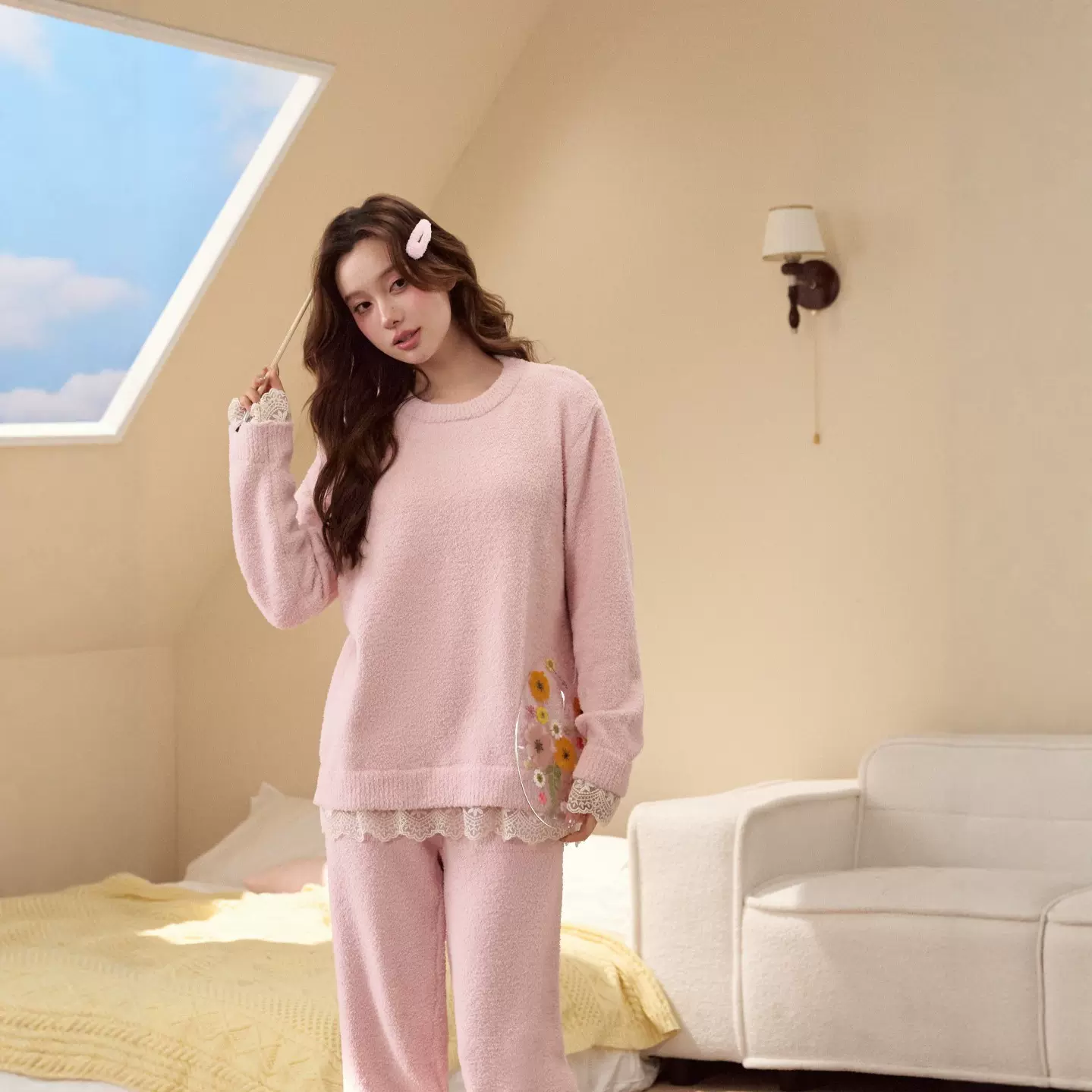 2025秋冬季新款半边绒加厚睡衣女套装保暖家居服