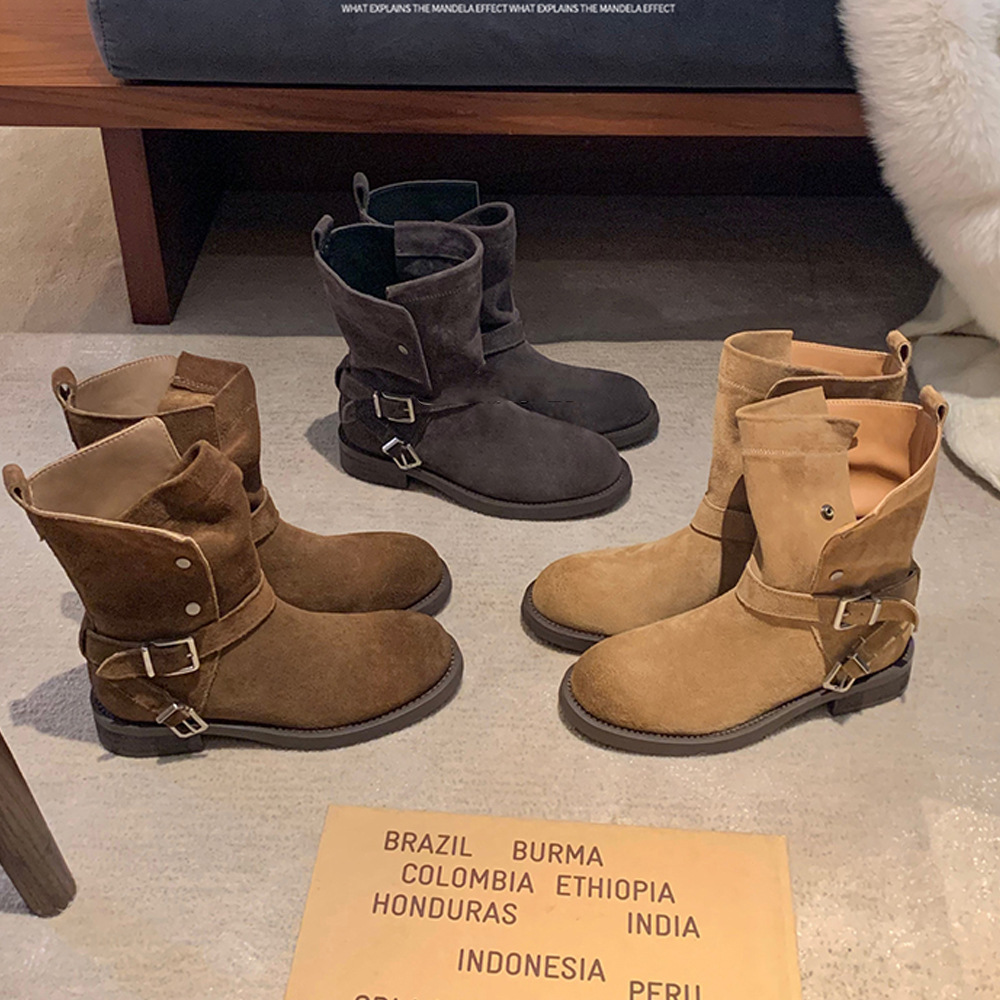 葡萄妈秋冬新款增高3.5cm~ 复古擦色可翻折扣带粗跟西部骑士靴女
