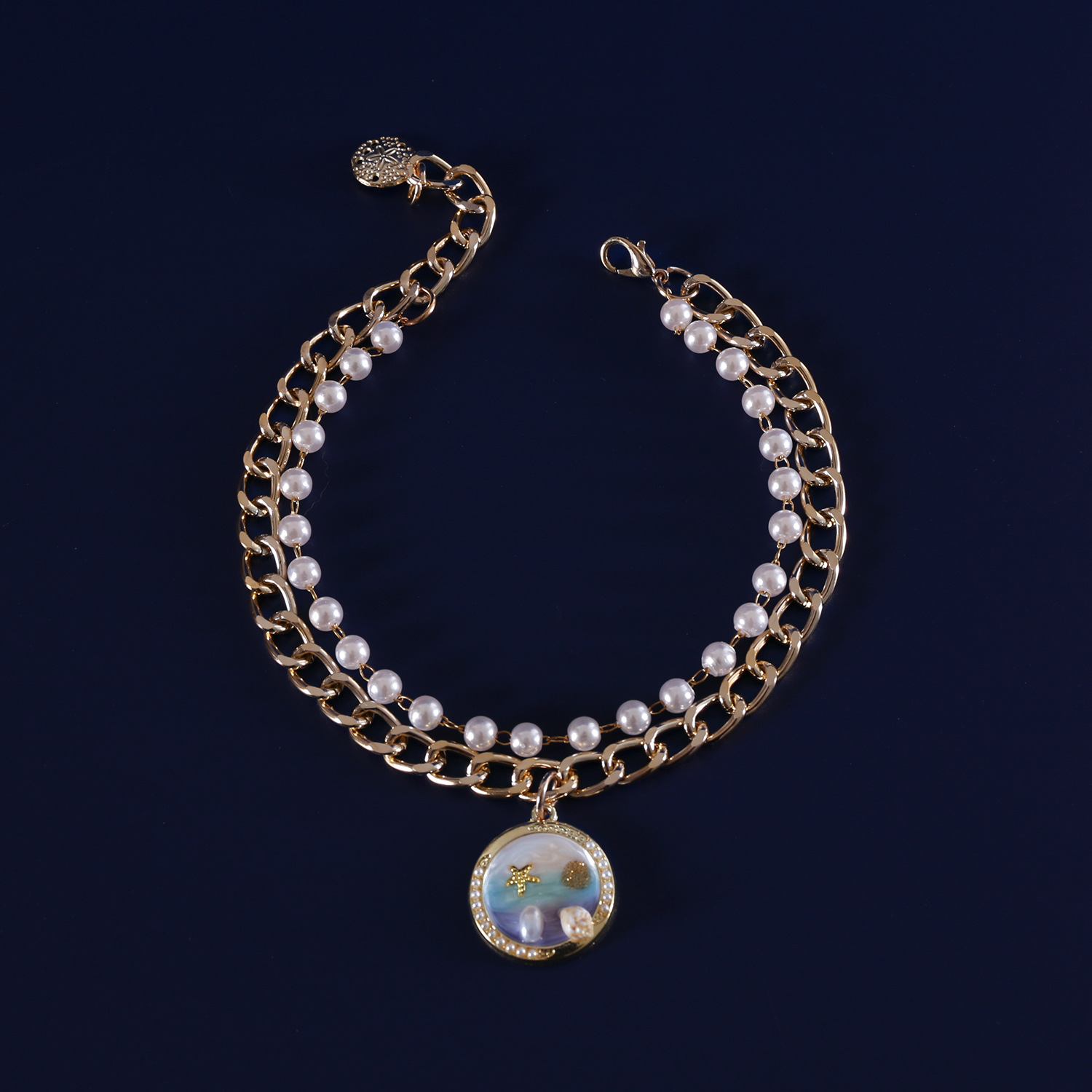 Mascotas concha marina gato perro collar perla de metal colgante de estrella de mar de cocotero ajustable collar de princesa de doble capa