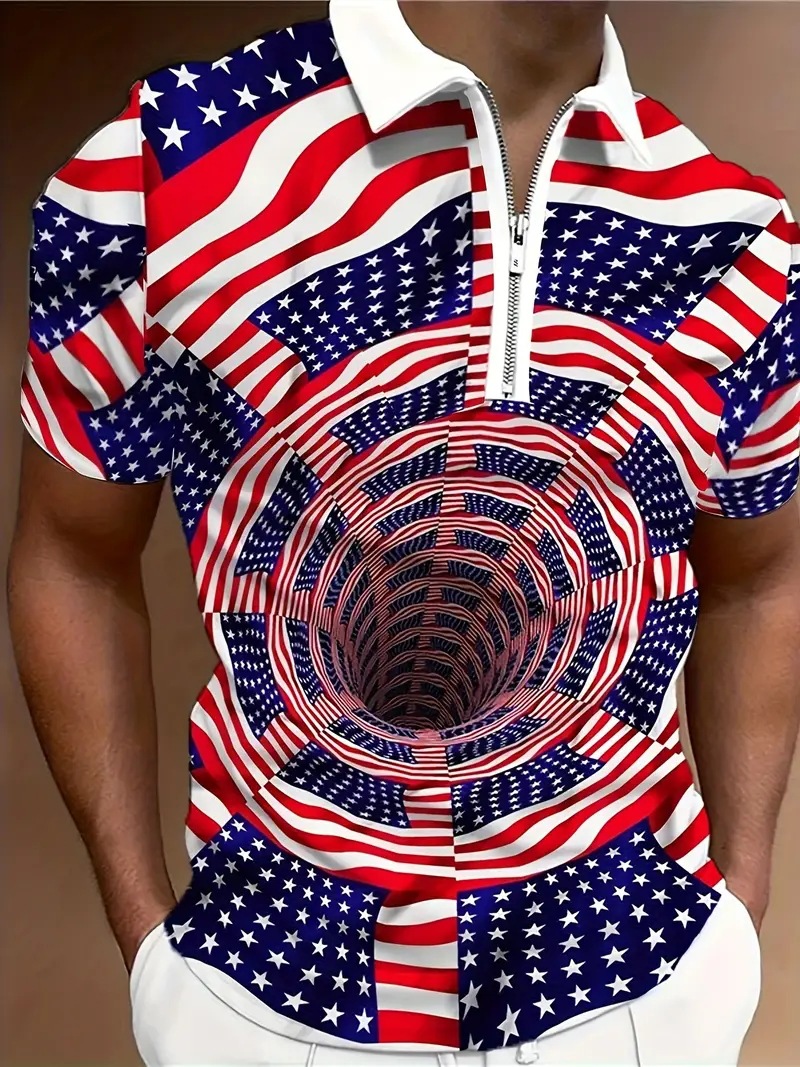 Camisa POLO con cremallera suelta de manga corta con estampado 3D de vórtice visual de bandera australiana clásica para hombres