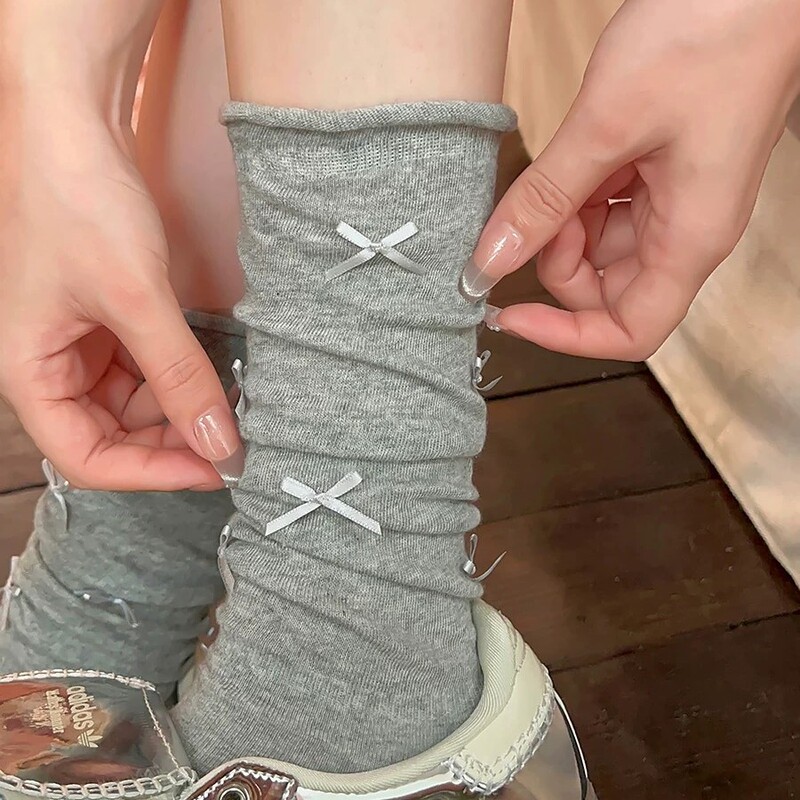 Gray Calf Socks for Women, Slouch Socks for Spring, Summer, and Autumn, Pure Cotton Ballet Style Mid-Calf Miu Series with Mary Jane Long Socks