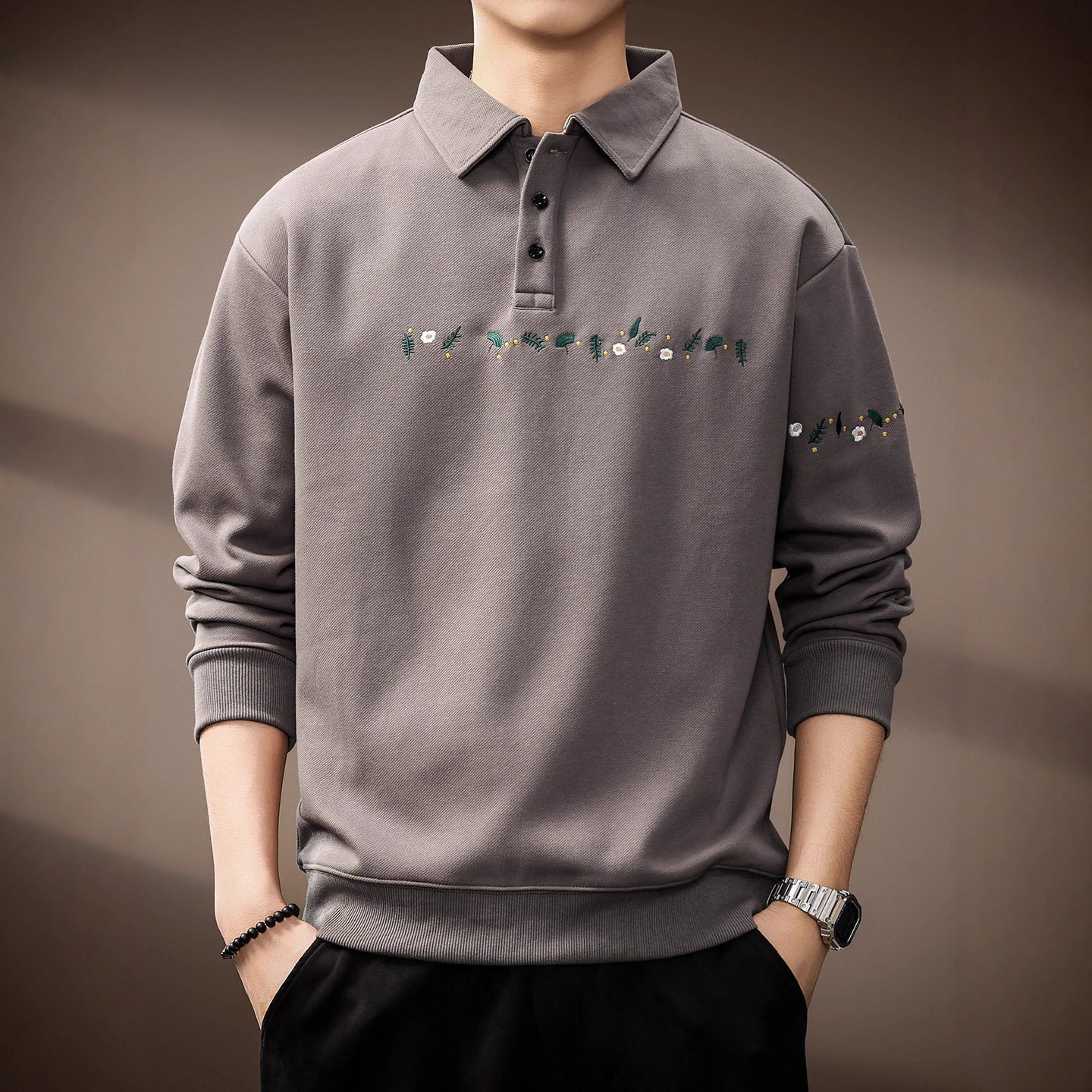 High-End Simple and Excessive Embroider Men's Lapel Polo Shirt Men's Autum Loose Long-Sleeved T-Shirt Design Sweatshirt