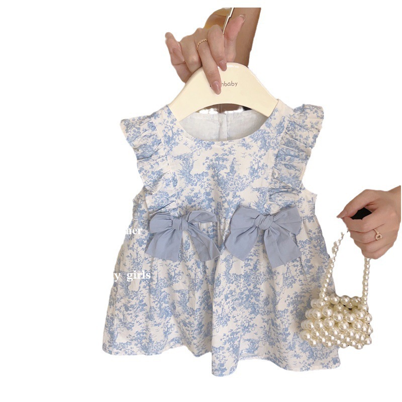 Xianning Seven 2025 niñas francés retro vestido floral verano nuevo vestido de princesa con lazo de moda para niños