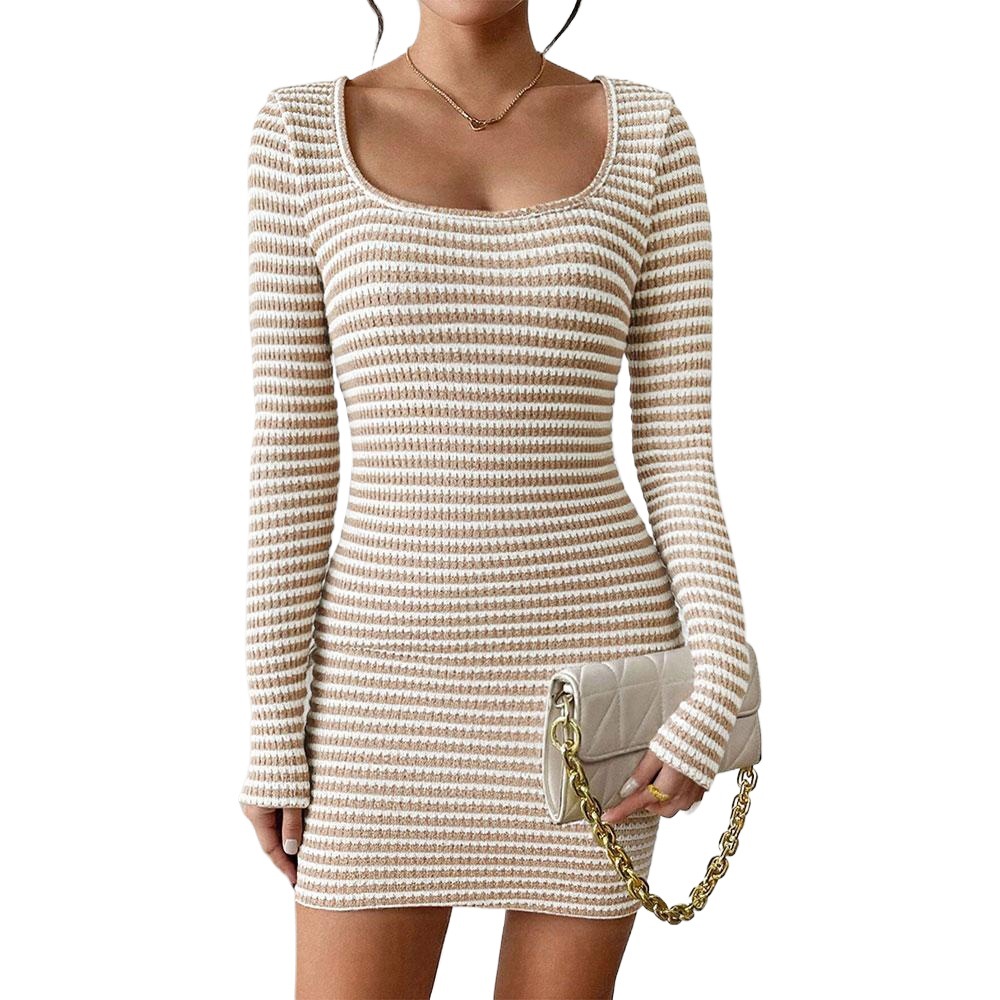 Womens Long Sleeve Bodycon Dress Solid Color U Neck Striped Skirt Autumn Winter Fashion Wholesale Available